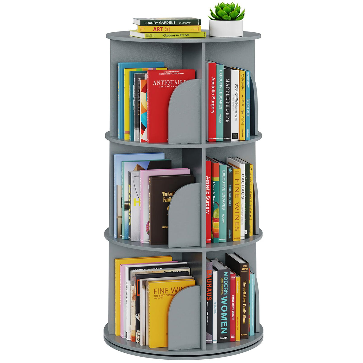 SpaceAid 4 Tier Rotating Bookshelf Tower, Spinning Bookcase Lazy Susan, Revolving 360 Book Shelf Storage Round Carousel, Vertical Rotate Turning Spiral Corner Organizer, White