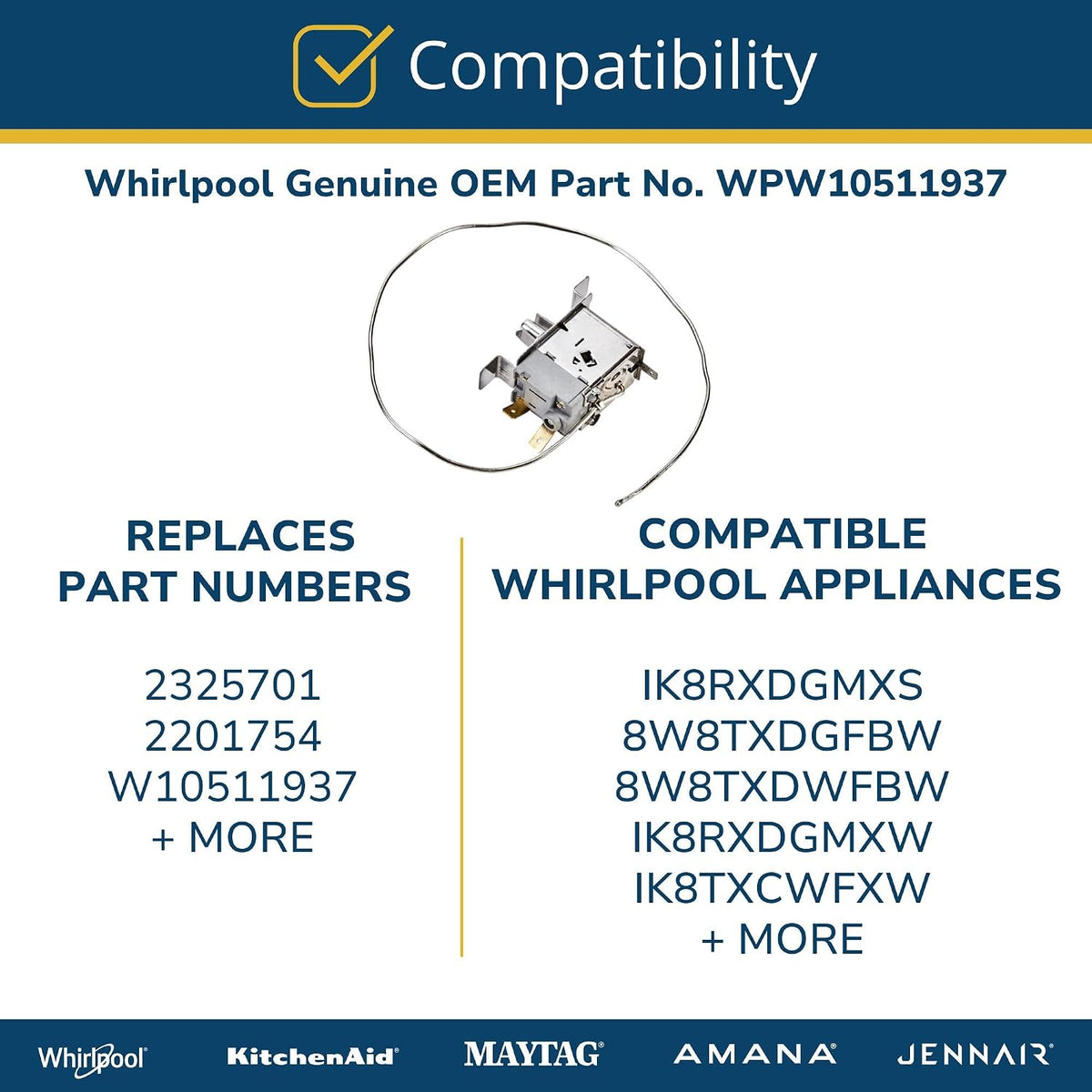Whirlpool WPW10511937 Genuine OEM Refrigerator Temperature Control Thermostat Replacement Part - Replaces 2325701, 2201754, and W10511937