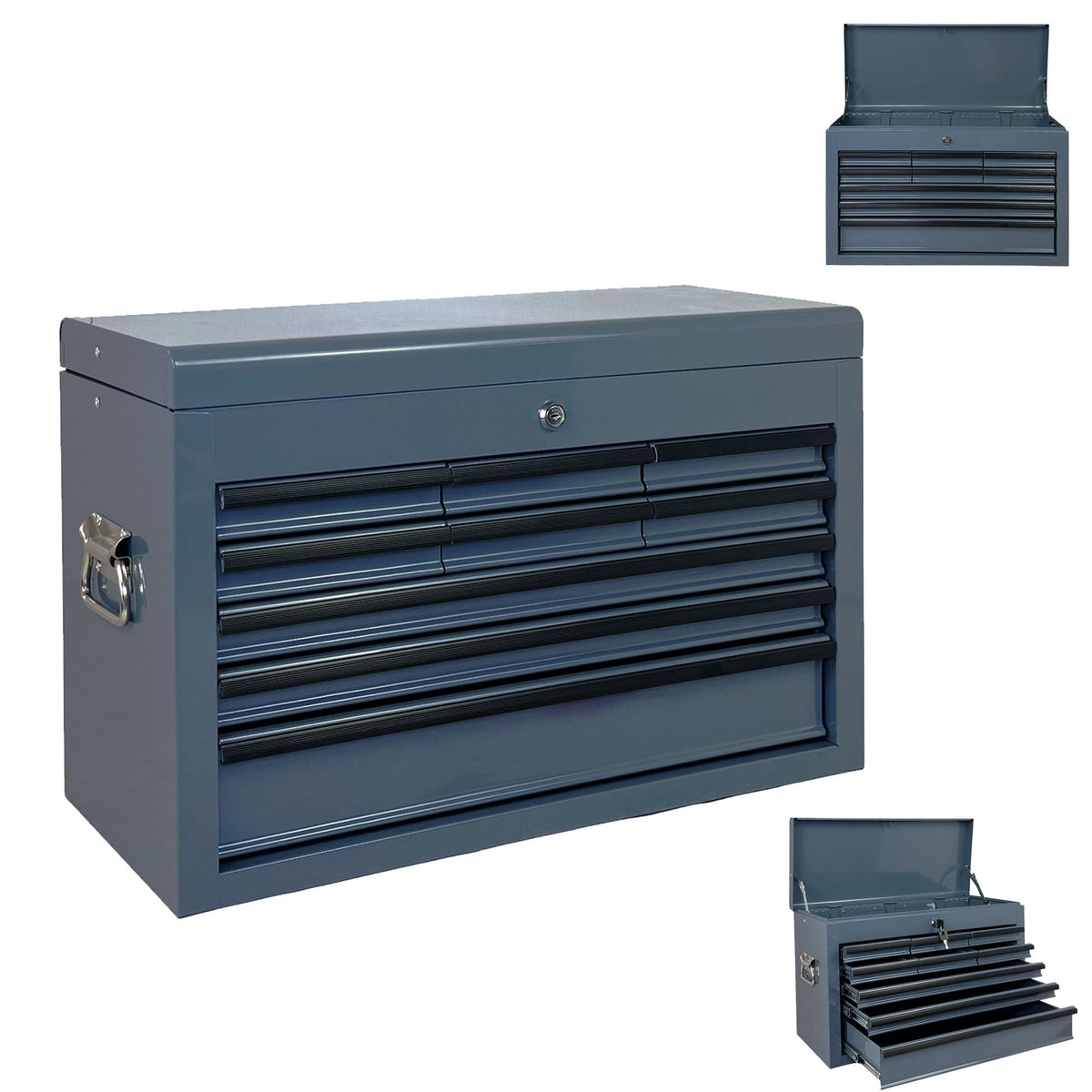 4 Drawers Metal Tool Box, 21" Portable Steel Tool Chest w/Key Lock&Latch Closure, Multi-Function Top Storage Tray Toolbox w/Powder Coating&Ball Bearing Slides (Style 1-4 Drawers - Blue)