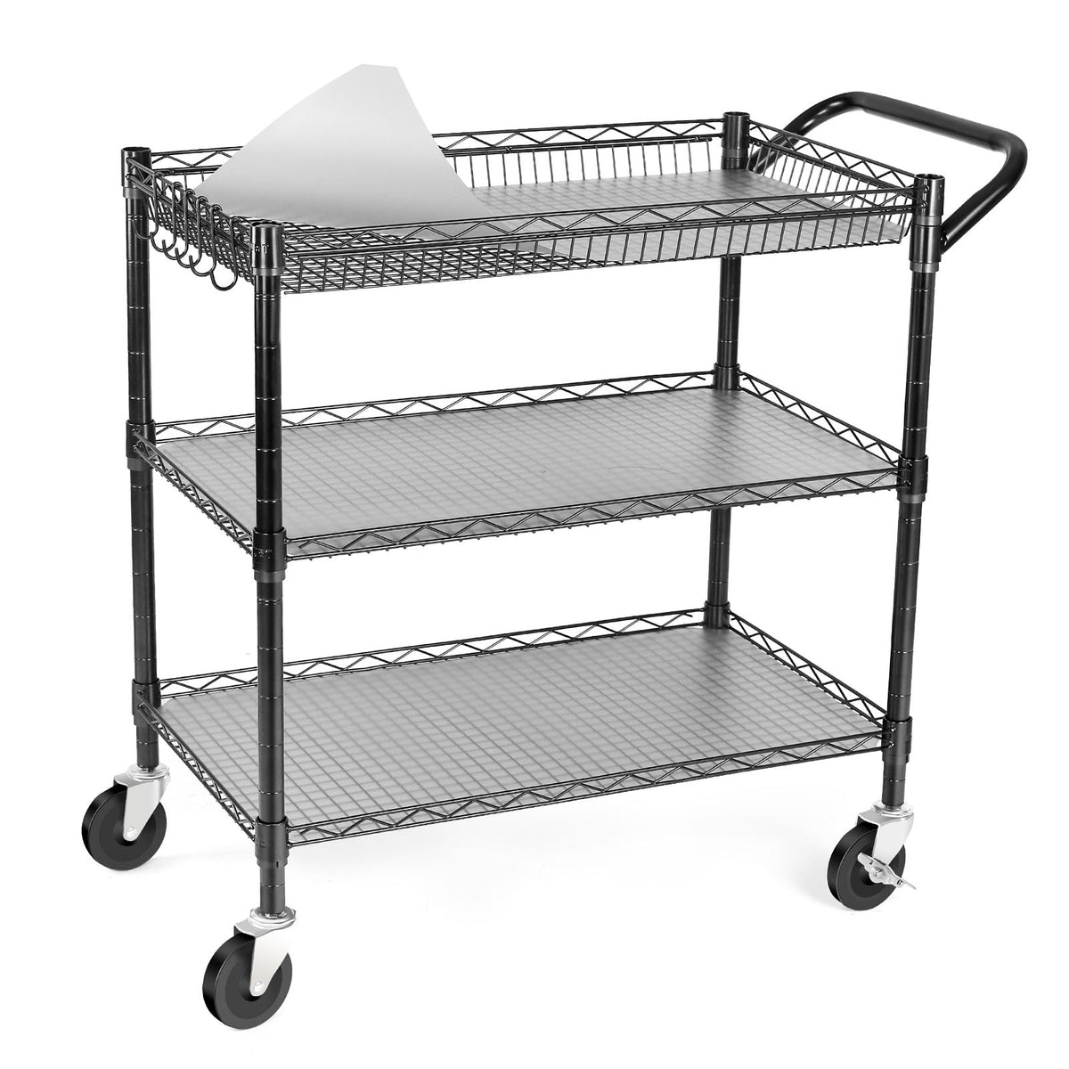 WDT 990Lbs Capacity Heavy Duty Rolling Utility Cart, NSF Rolling Carts with Wheels,Commercial Grade Metal Cart with Handle Bar & Shelf Liner,Trolley Serving Cart for Restaurant,Kitchen,Gray