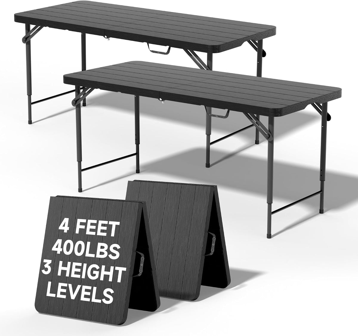 4 FT Folding Table, 3-Position Adjustable Height, Heavy Duty 400 lbs Capacity, Portable Table for Camping, Party, Indoor & Outdoor (Black Wood Grain, 2 Pack)
