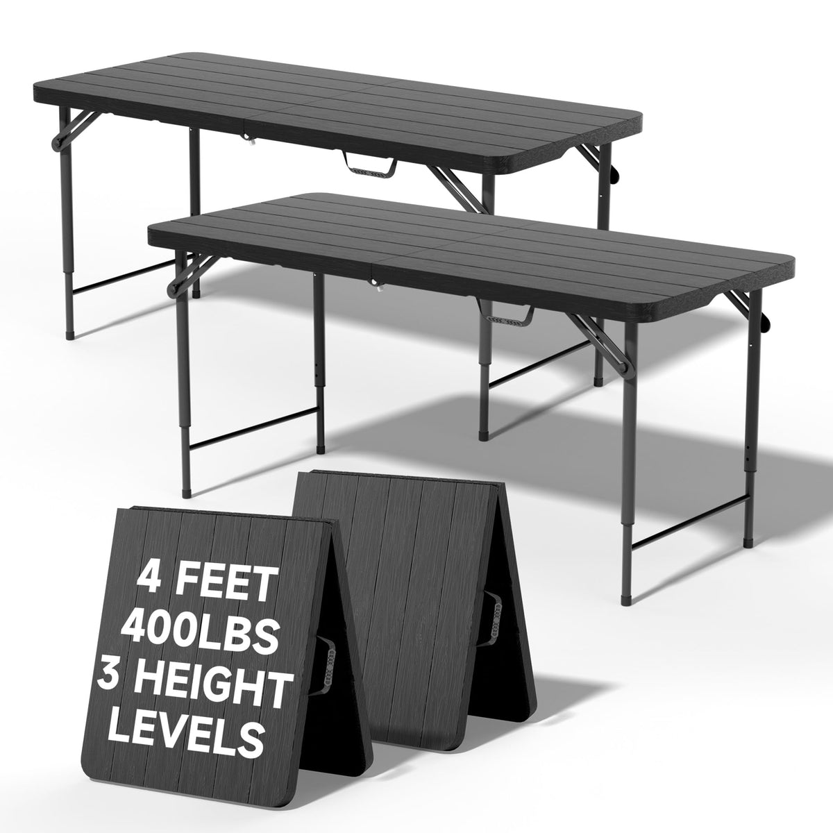 4 FT Folding Table, 3-Position Adjustable Height, Heavy Duty 400 lbs Capacity, Portable Table for Camping, Party, Indoor & Outdoor (Black Wood Grain, 2 Pack)