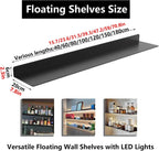 LED Floating Shelves Set of 2, Metal Wall Mounted Display Shelves with Built-in Lights, Modern Gold Floating Shelves for Living Room, Bedroom, Kitchen, Bathroom(Black,80cm/31.5in)