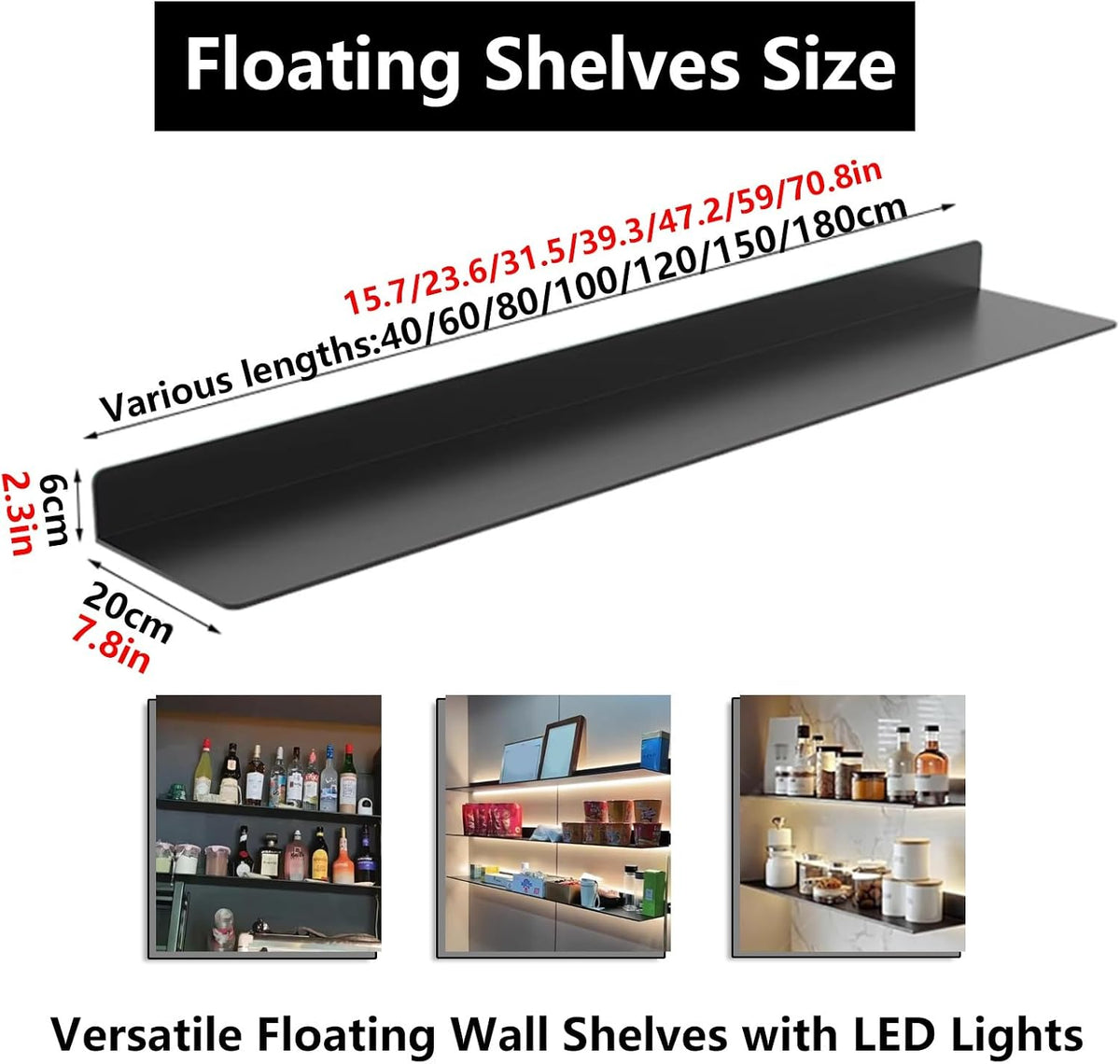 LED Floating Shelves Set of 2, Metal Wall Mounted Display Shelves with Built-in Lights, Modern Gold Floating Shelves for Living Room, Bedroom, Kitchen, Bathroom(Black,80cm/31.5in)