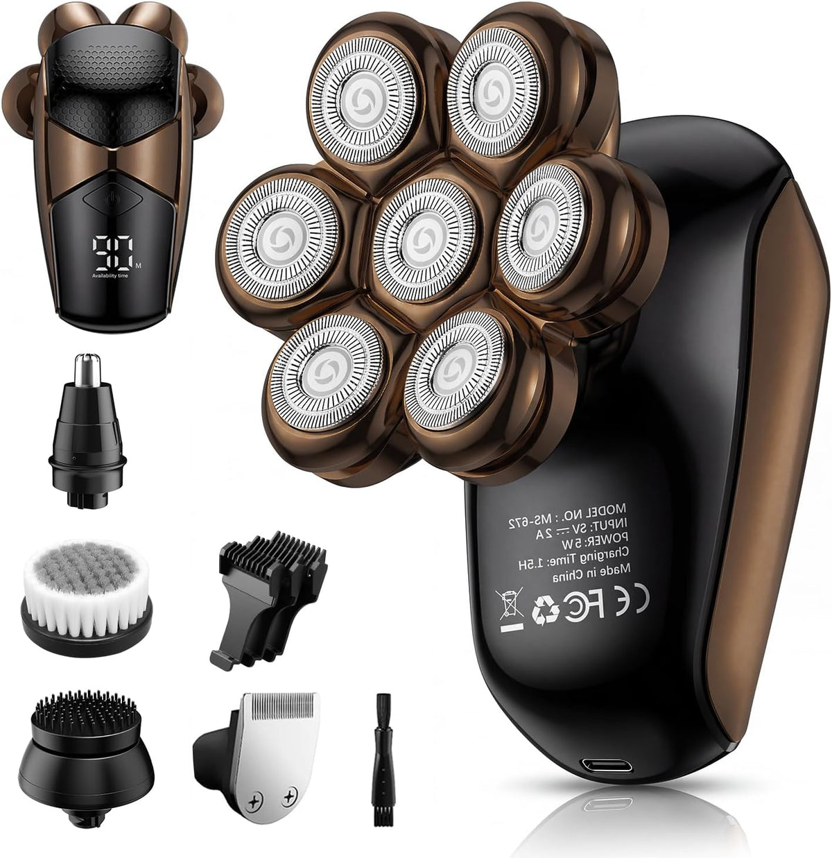 SHPAVVER Head Shavers for Bald Men: 5-in-1 Grooming Kit - 7D Floating Magnetic Removable Head Electric Razor - IPX7 Wet/Dry Shaving with LED Display, Type-C Fast Charging for Travel