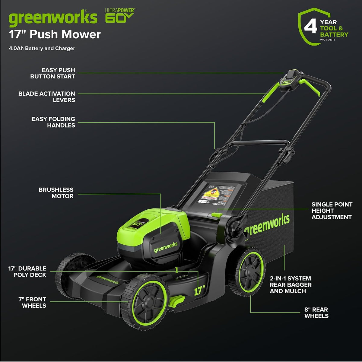 Greenworks 60V 17in Push Lawn Mower, 4.0 Ah Battery and Charger