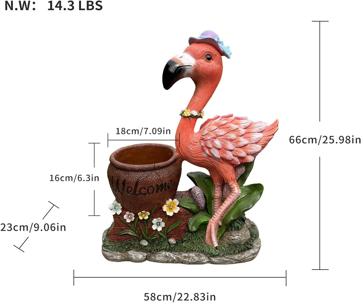 26" Outdoor Garden Sculpture Flamingo Flower Pot Planter with Solar LED Lights, Cute Resin Succulent Pot for Garden, Porch & Home Decor (Pink+Right)