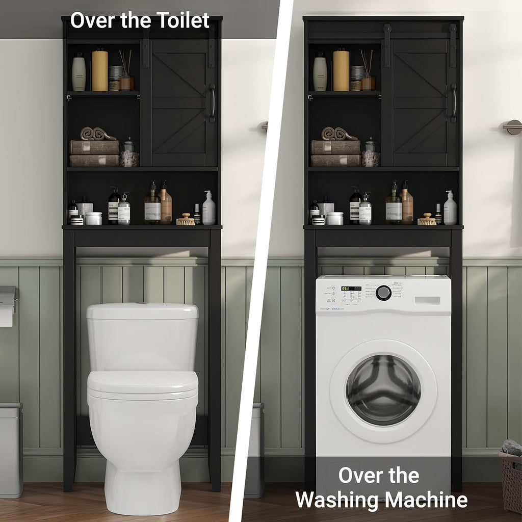 Over The Toilet Storage Cabinet, Bathroom Organizer with Adjustable Shelves and Anti-Tip Device, Space-Saving Storage Solution, Black