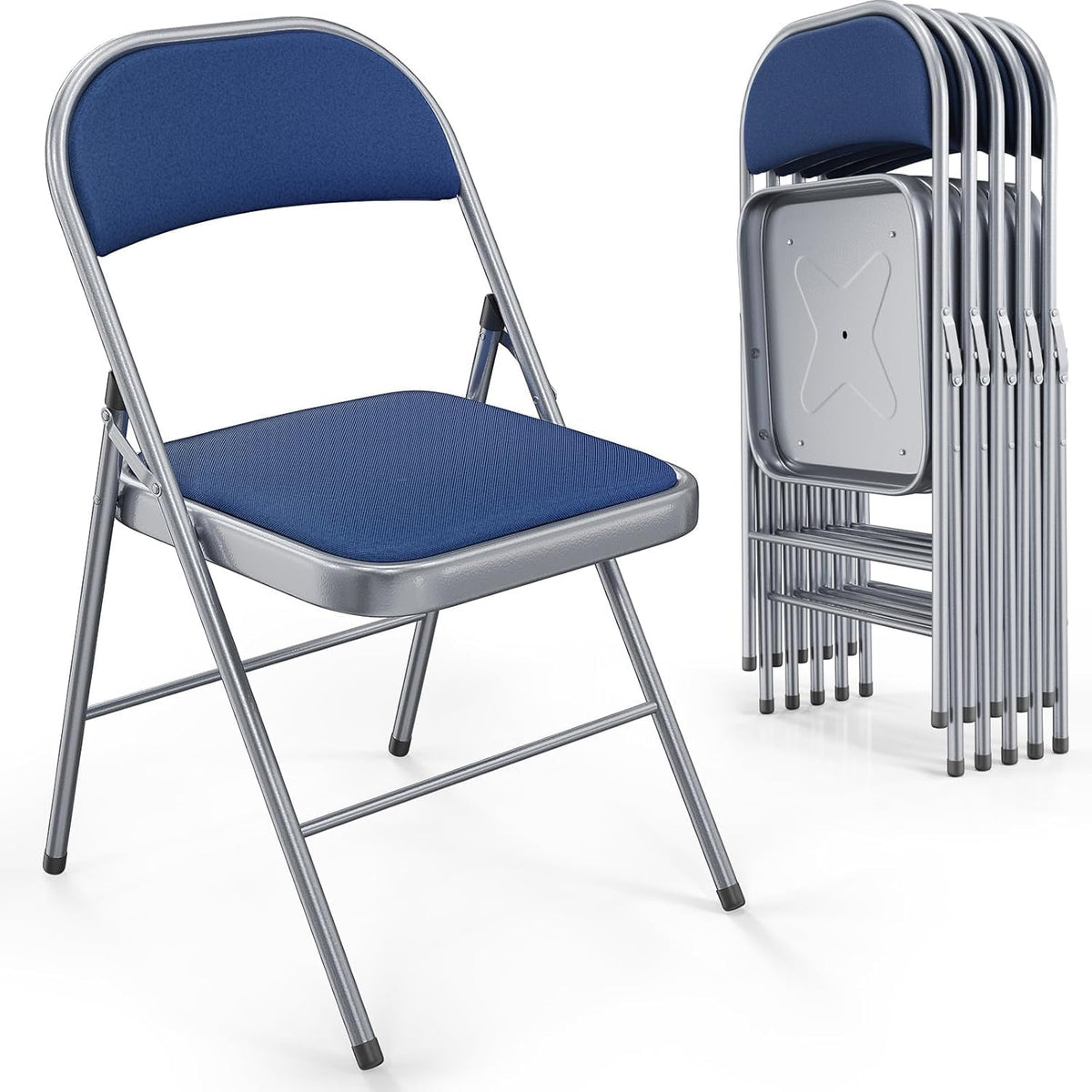 Bonnlo Folding Chair, Fabric Padded Folding Chairs with Cushion, Back and Steel Frame for Indoor Outdoor Outside Dinning Office Camping Use, Gray, 6 Pack