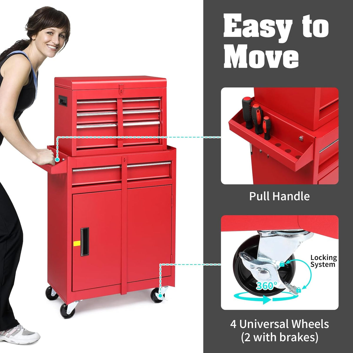 Winado 4-Drawer Rolling Tool Chest, 2-in-1 Large Storage Toolbox, Red
