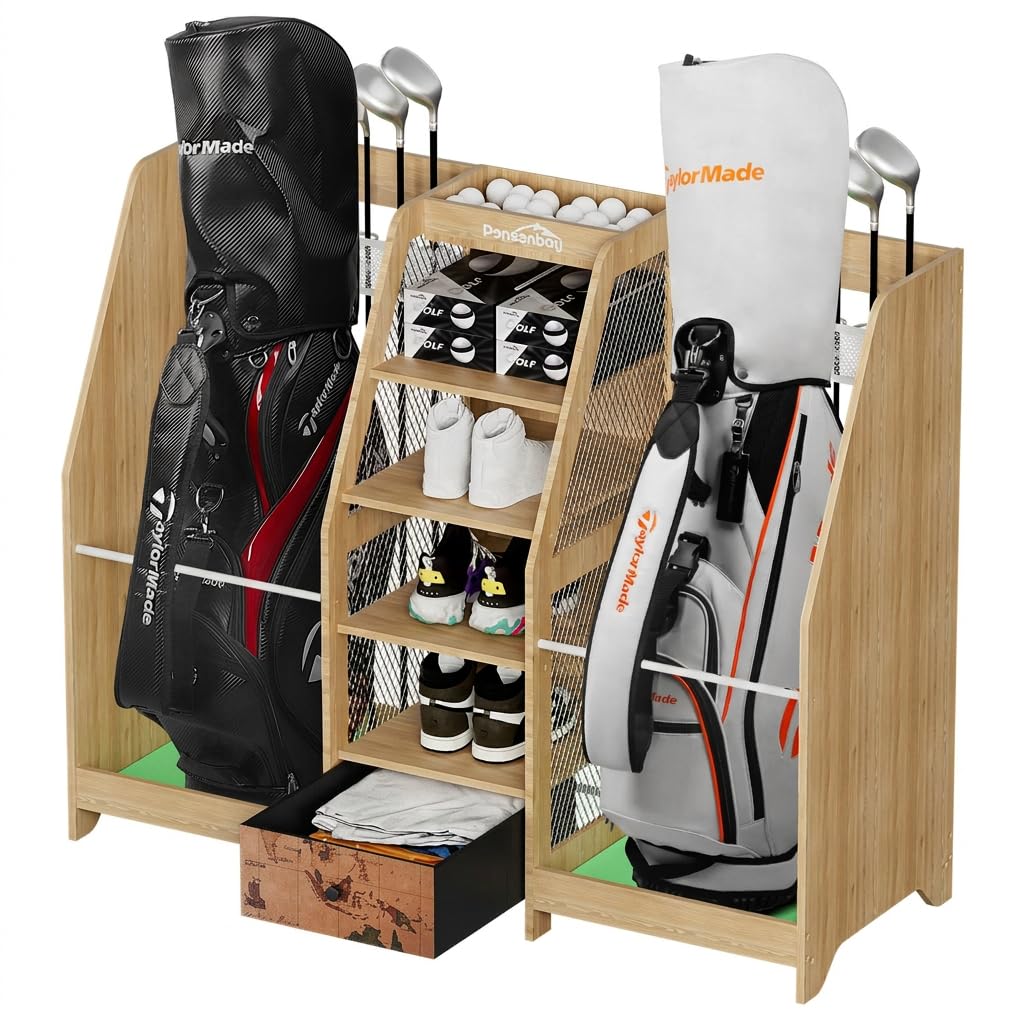 Golf Bag Storage Organizer Holds 2 Golf Bags for Garage - Wooden Rack