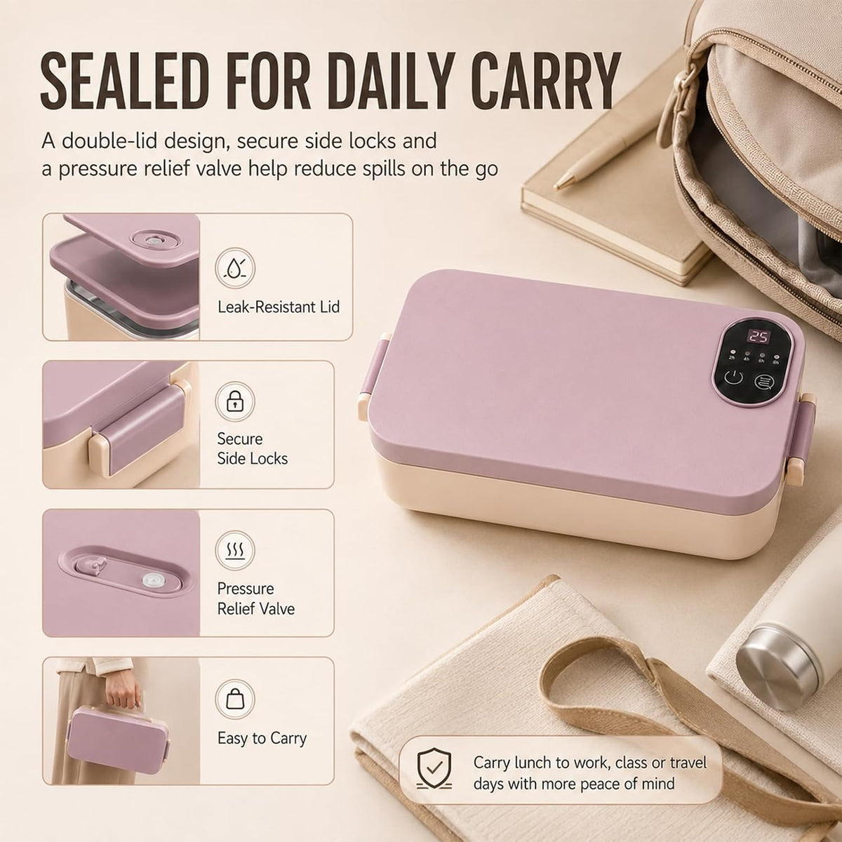 Portable Electric Lunch Box with Self-Heating, 304 SS (Mix, Rechargeable*2)