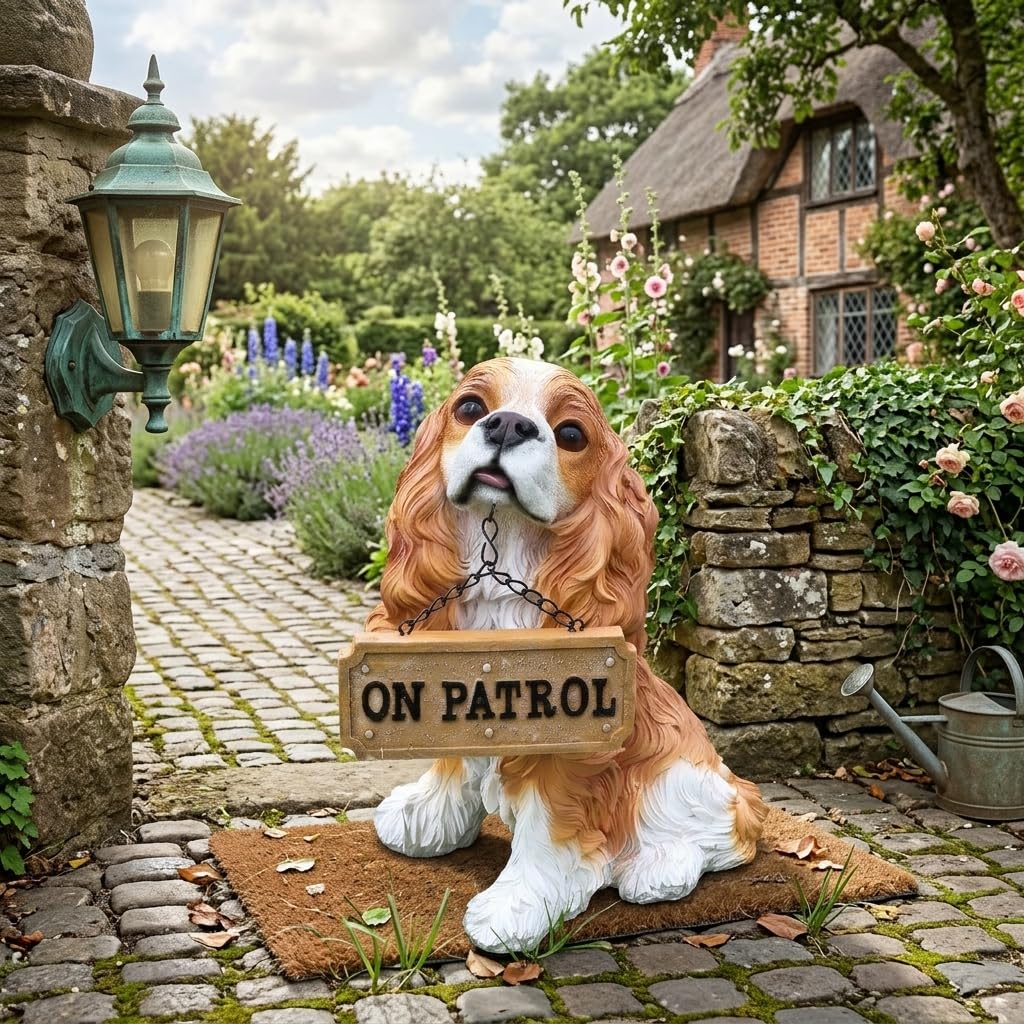 Lifelike Black and White Cocker Spaniel Garden Statue with Solar Lantern and Decorative Tag, Resin Puppy Figurine Outdoor Decor, Yard Art for Patio Lawn Porch