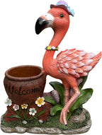 26" Outdoor Garden Sculpture Flamingo Flower Pot Planter with Solar LED Lights, Cute Resin Succulent Pot for Garden, Porch & Home Decor (Pink+Right)