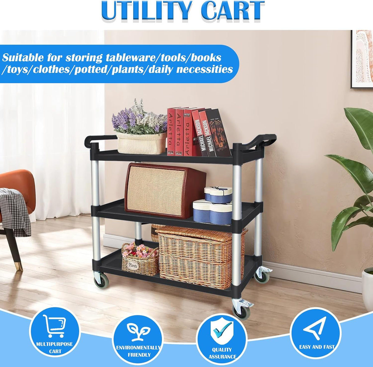Utility Carts with Wheels, Rolling Kitchen Cart, 3 Tier Cart, Food Service Cart, Restaurant Kitchen Cart, Plastic Heavy Duty Cart for Office Business, 510lbs 16.9" D x 31.5" W x 37.8" H