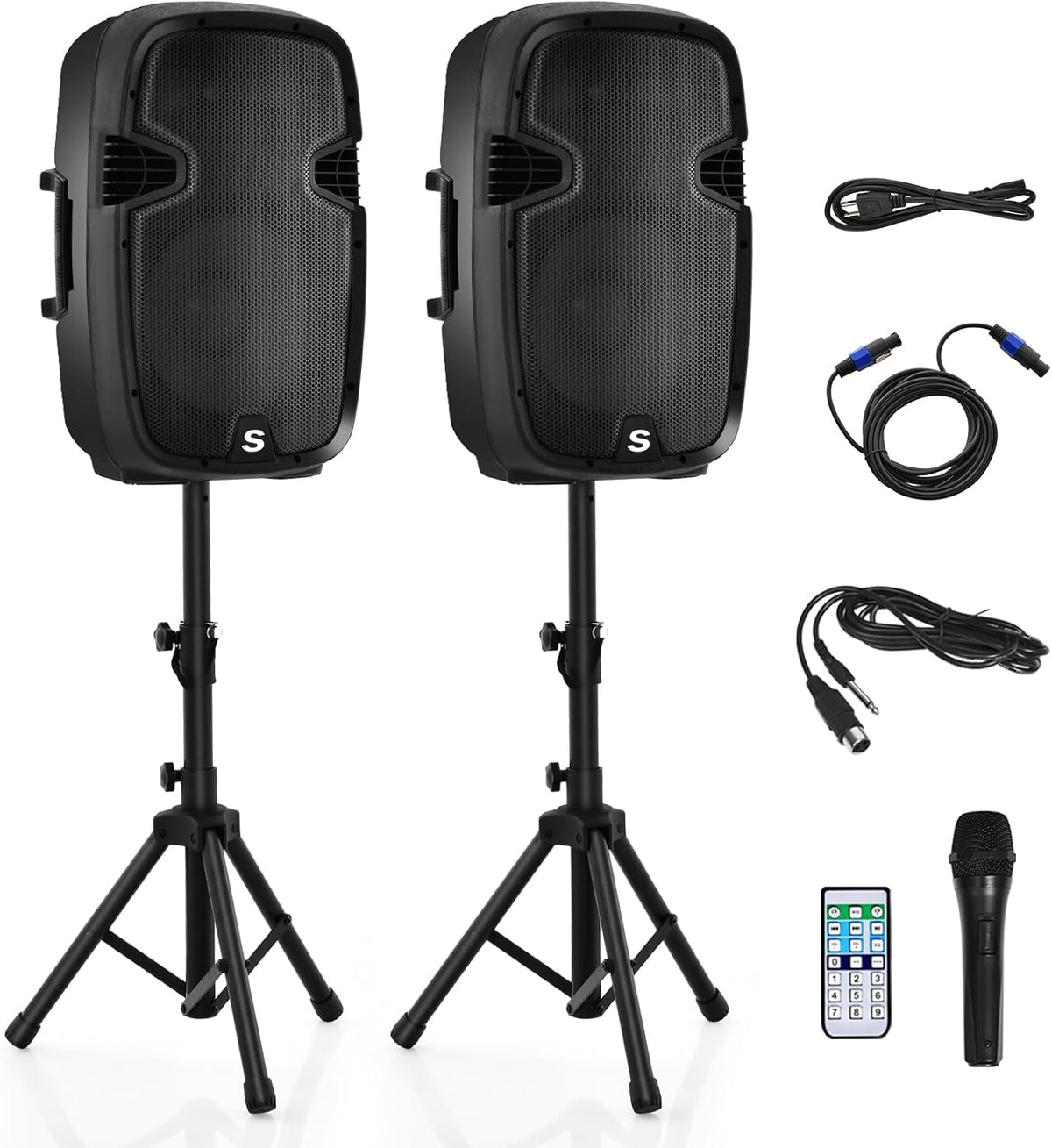 COSTWAY 2-Way 15'' Speaker System, All-in-One Speaker Set, Bluetooth, USB, SD, Wired Microphone, Adjustable and Sturdy Stand, Easy to Carry with Built-in Rod, Wide Application in Anniversary