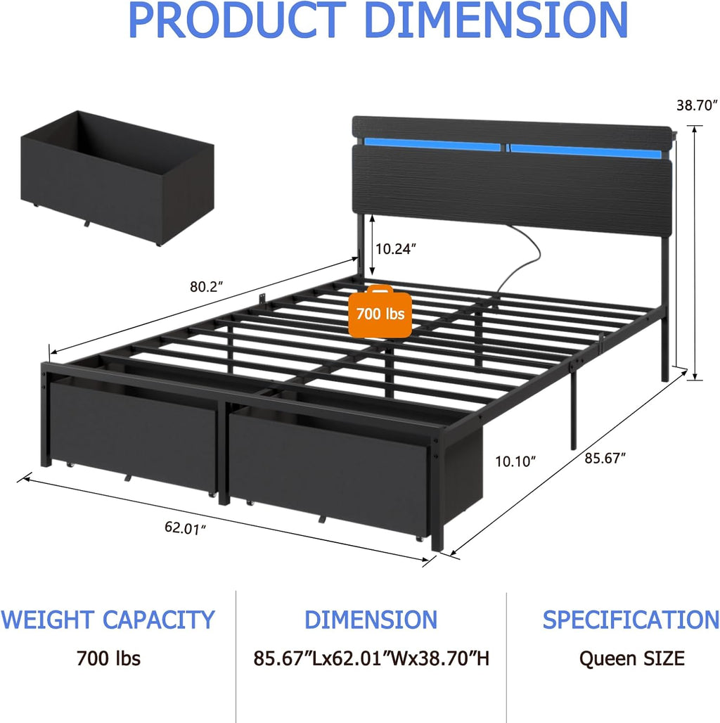 Forestell Queen Bed Frame with Wood Headboard,2 Storage Drawers & Shelf