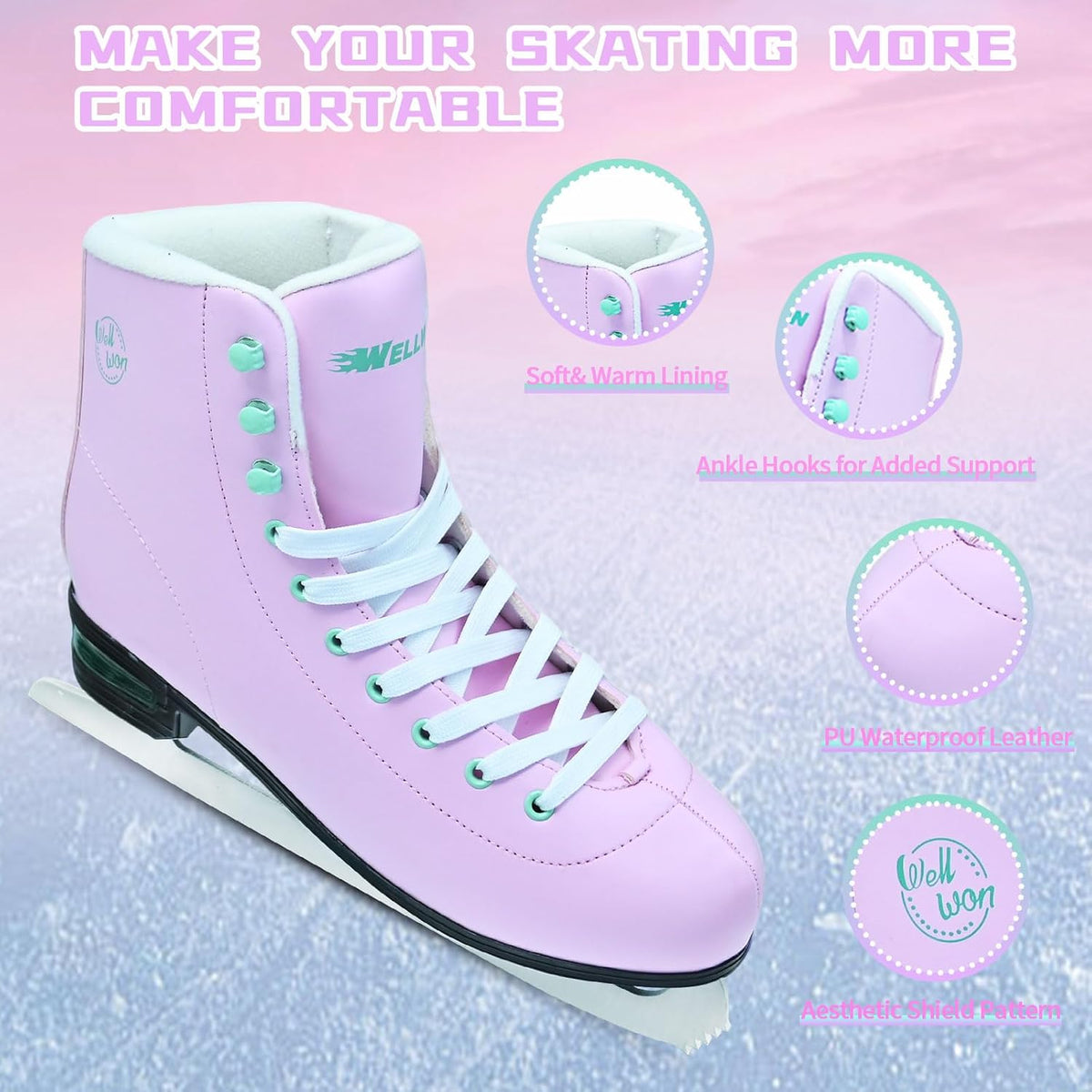 Ice Skates for Women, Adult Figure Skates with Air Cushion, Classic White Figure Skating Shoes Size 5 6 7 8 8.5 9 10 10.5 with Velvety Lining for Indoor& Outdoor