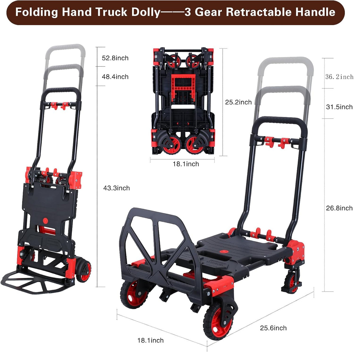 JJSMKCH 2-in-1 Folding Hand Truck Dolly Cart with Wheels 330LB