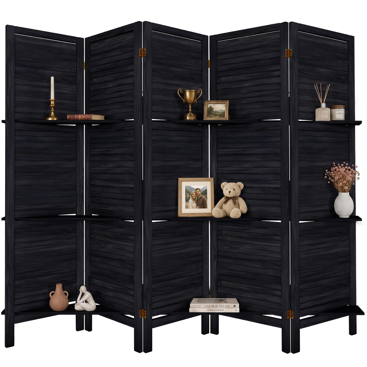 TEAKMAMA Room Divider, Room Divider with Shelves, 4 Panel,Distressed White