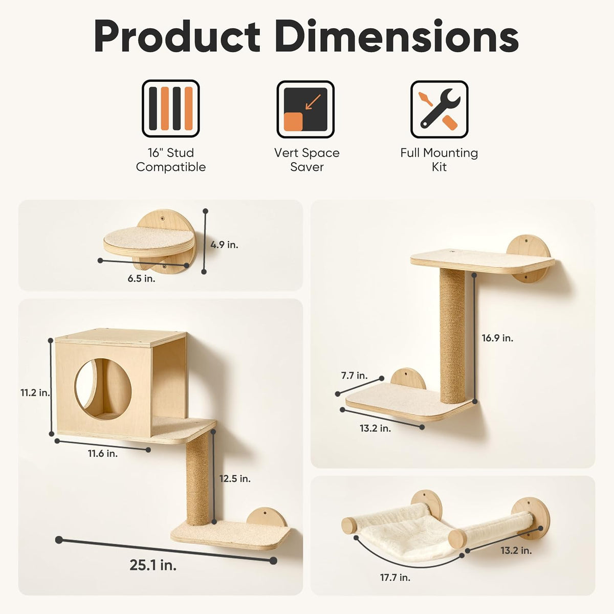 FUKUMARU Cat Wall Shelves, 5 in 1 Set, Beige