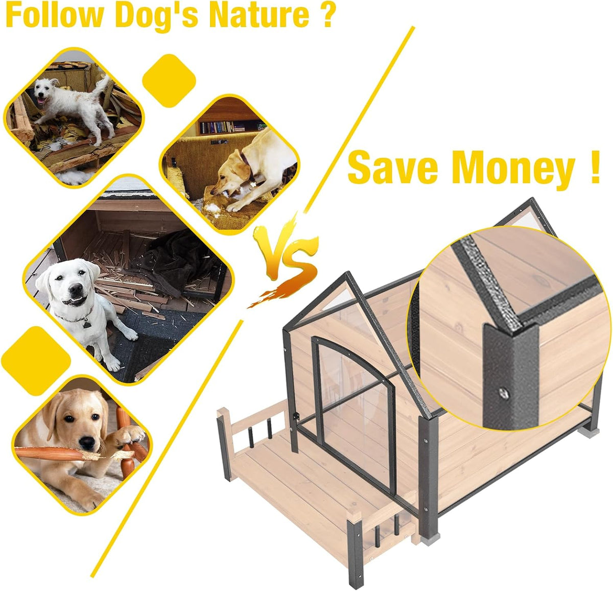 Dog House Outdoor,Dog Kennel Outside for Small Breed,Weatherproof Small Dog Shelter with Anti-Chewing Iron Frame (Brown-N, 45" D x 32.9" W x 32.6" H)