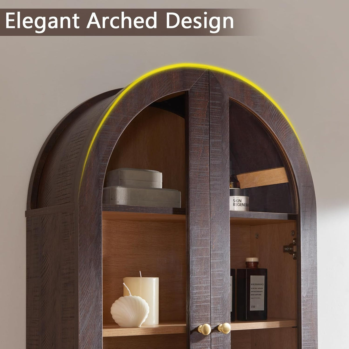 Bathroom Arched Wall Cabinet Over The Toilet Storage Cabinet, 23.5×31.4 Inch bathroom cabinet wall mount with Glass Doors & Adjustable Shelves, Wood Cabinet for Laundry Room, Kitchen, Brown/Natural