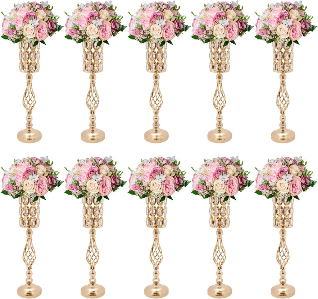 Wedding Centerpieces Gold Vases,10PCS Metal Flower Candle Holder,Wedding Vase for Tables,Crystal Flower Vase Metal Flowers Stand for Party Tables Decorations