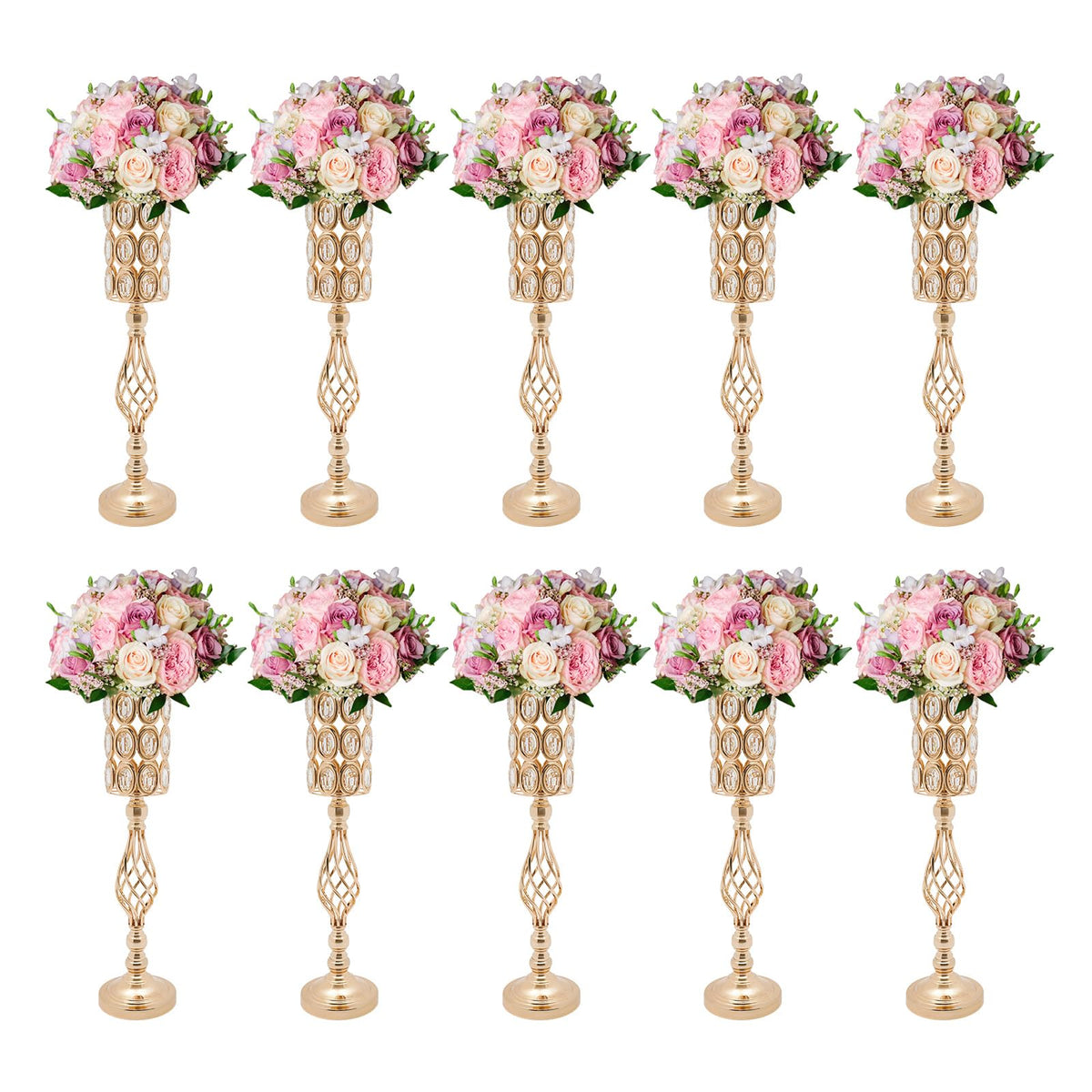 Wedding Centerpieces Gold Vases,10PCS Metal Flower Candle Holder,Wedding Vase for Tables,Crystal Flower Vase Metal Flowers Stand for Party Tables Decorations