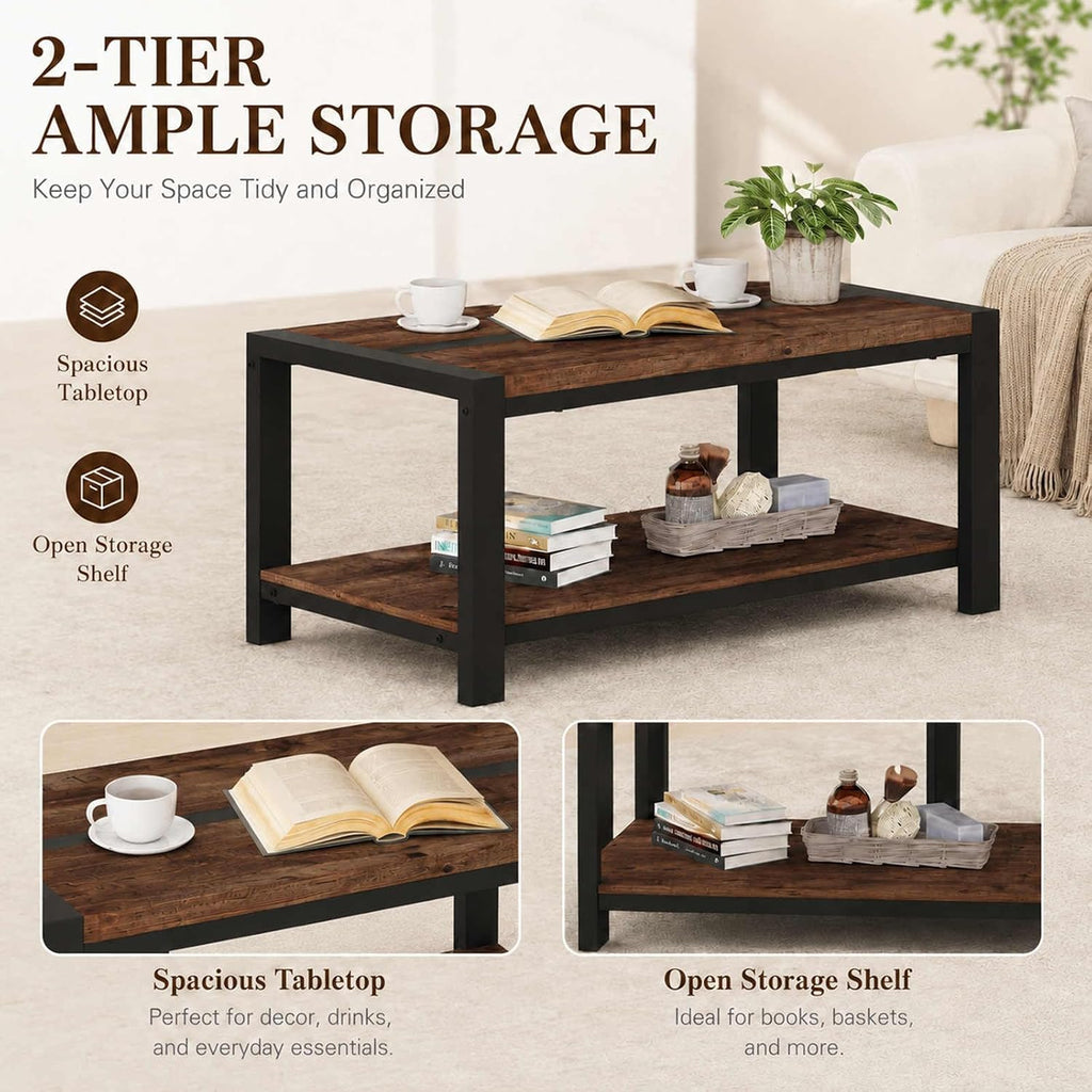 BON AUGURE Coffee Tables for Living Room, 2 Tier Storage Shelf, 43In Rustic