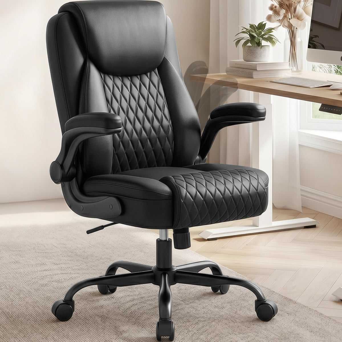 COMHOMA Mid-Back Office Chair, Ergonomic PU Desk Chair with Flip up Arms, Small Computer Gaming with Comfy Lumbar Support,Rocking Function,Sturdy Metal Base, Ink Black