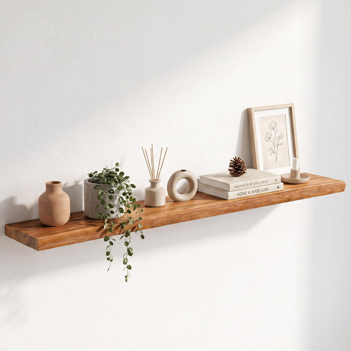 Live Edge Elm Floating Shelves - 24 In Rustic Solid Wood Shelves with Heavy-Duty Invisible Bracket, Wall-Mounted Wooden Shelf for Living Room, Bathroom, Kitchen Storage & Display, Set of 2, Natural