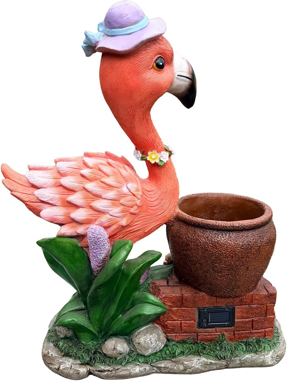 26" Outdoor Garden Sculpture Flamingo Flower Pot Planter with Solar LED Lights, Cute Resin Succulent Pot for Garden, Porch & Home Decor (Pink+Right)