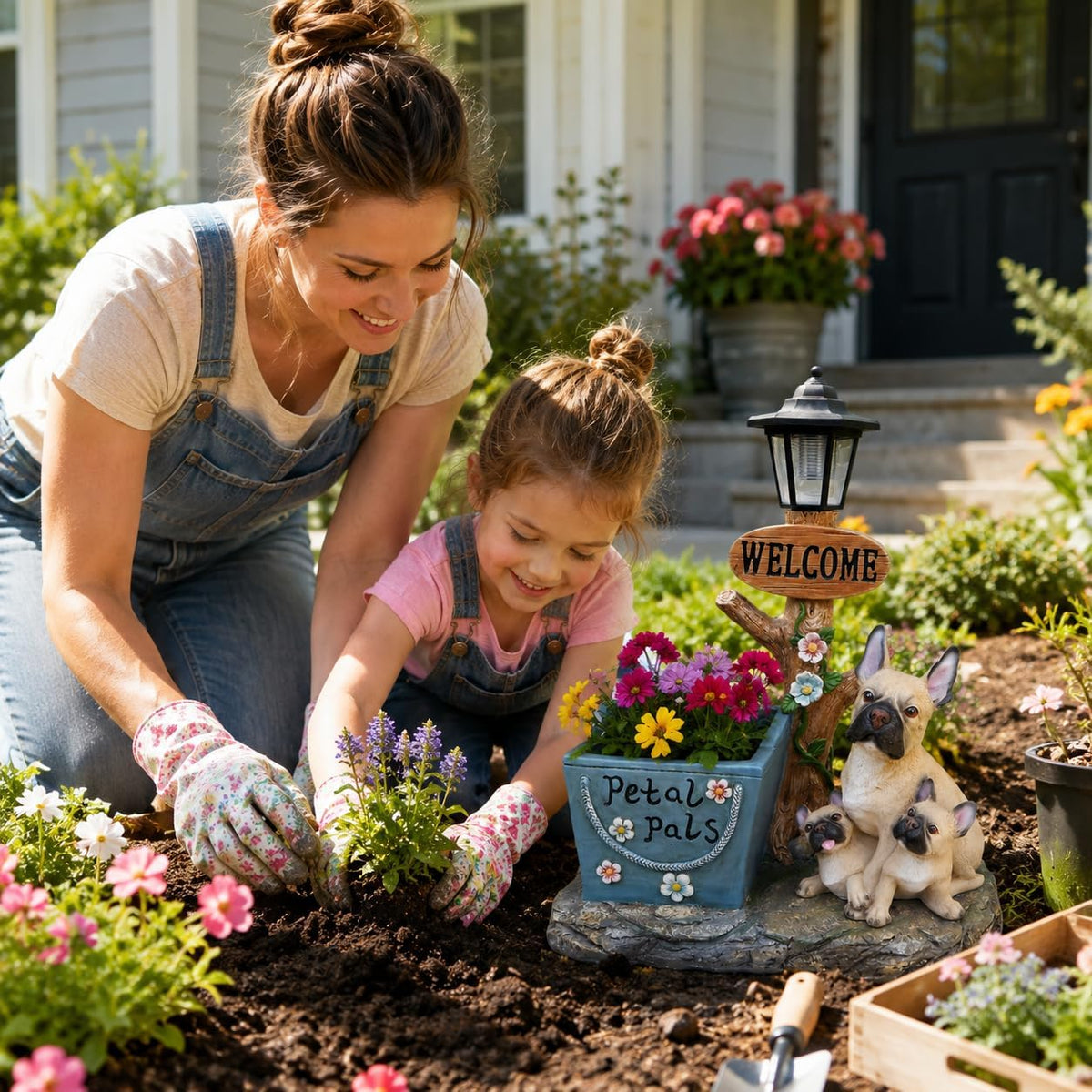 Solar French Bulldog Statue with Welcome Sign & Lantern, 3 Dogs Garden Figurine Planter Pot, Realistic Outdoor LED Light for Porch, Yard Art & Lawn Decor, Unique Gift for Dog Lovers