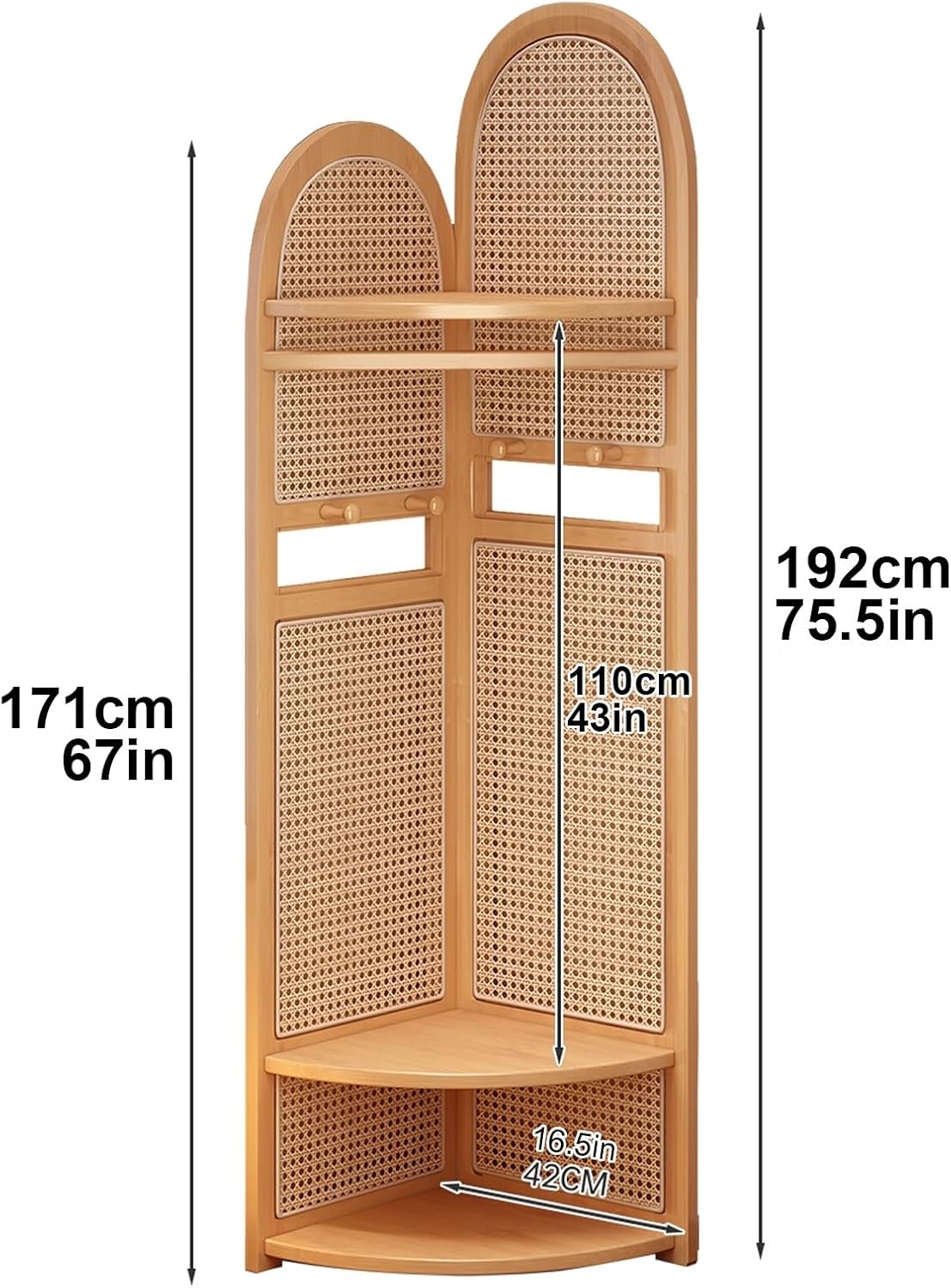 Wooden Corner Clothes Rack, 3-Tier Rattan Corner Hall Tree with Bench and Shoe Storage, Entryway Coat Rack with 4 Hooks, for Entryway or Bedroom(Black)