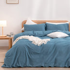 BESTOUCH Cotton Solid Duvet Cover Set Linen Feel Cornflower Blue Queen