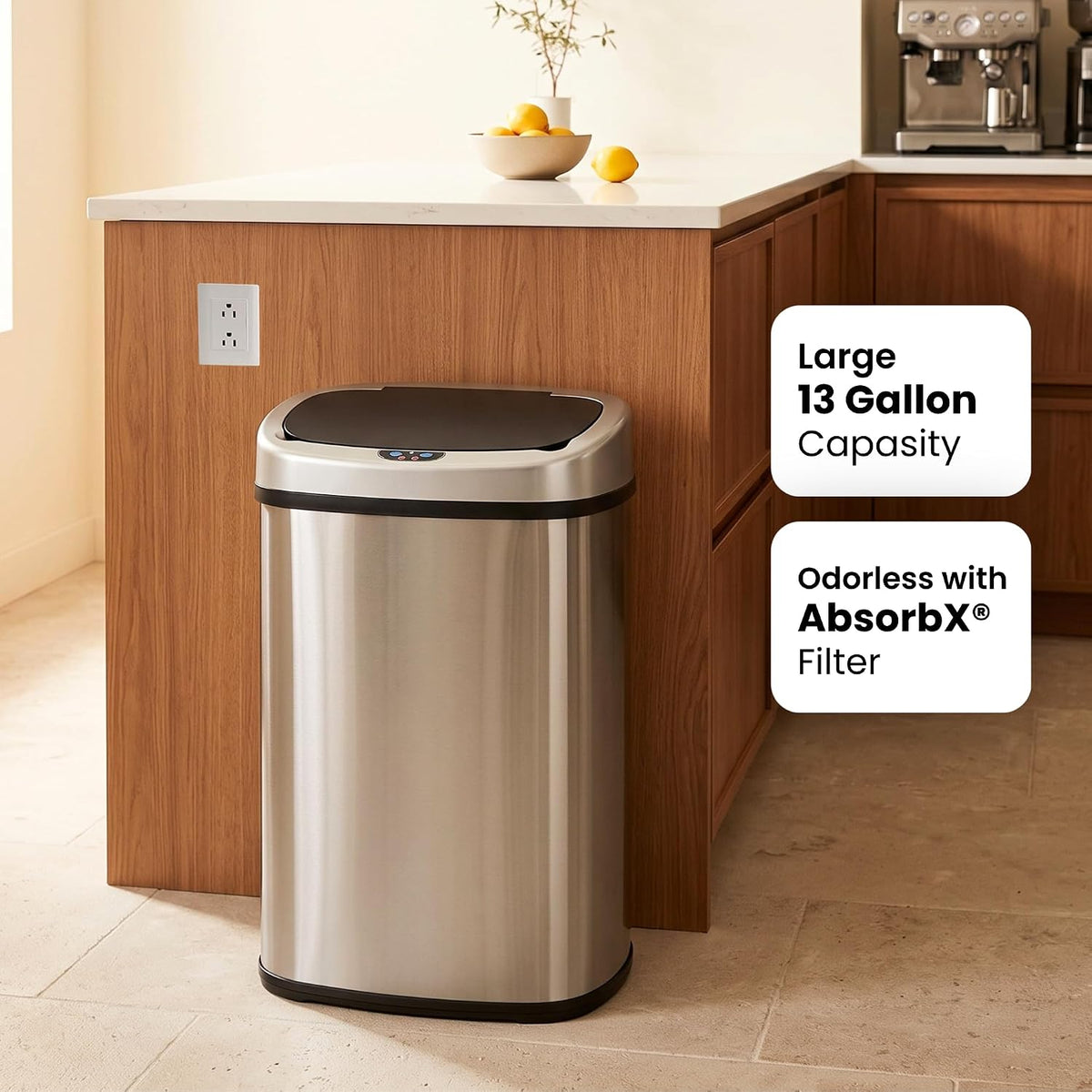 iTouchless Patented 13 G Stainless Steel Sensor Trash Can | AbsorbX Filter