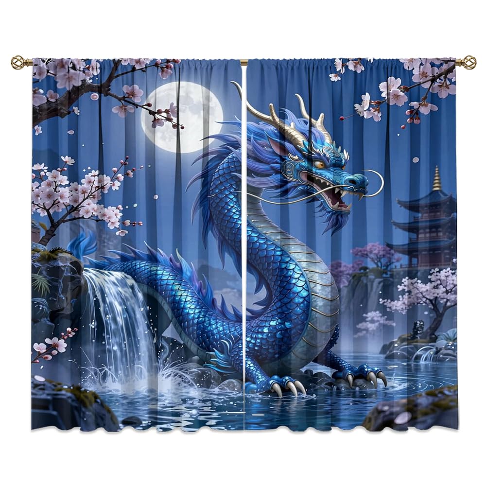 Traditional Ukiyoe Wildlife Dragon Curtains-Dreamy Ancient Japan Architecture Rod Pocket Back Tab Window Drapes,Japanese Samurai Thermal Insulated Blackout Curtain,2pcs,Each 52“W x 96”L