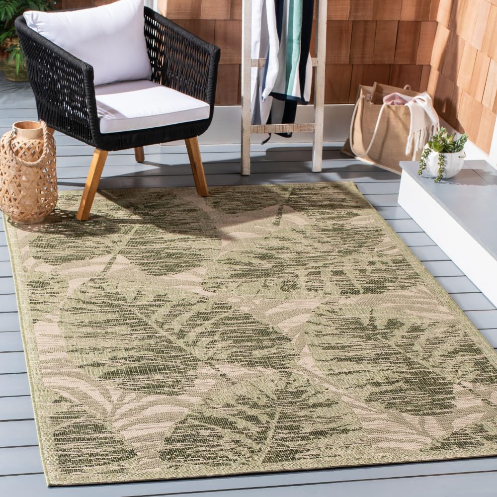 SAFAVIEH Washable Rug Outdoor Courtyard Collection - 6'7" Square, Green & Beige, Non-Shedding & Easy Cleaning, Ideal for Patio, Backyard, Mudroom (CY7556-21812)