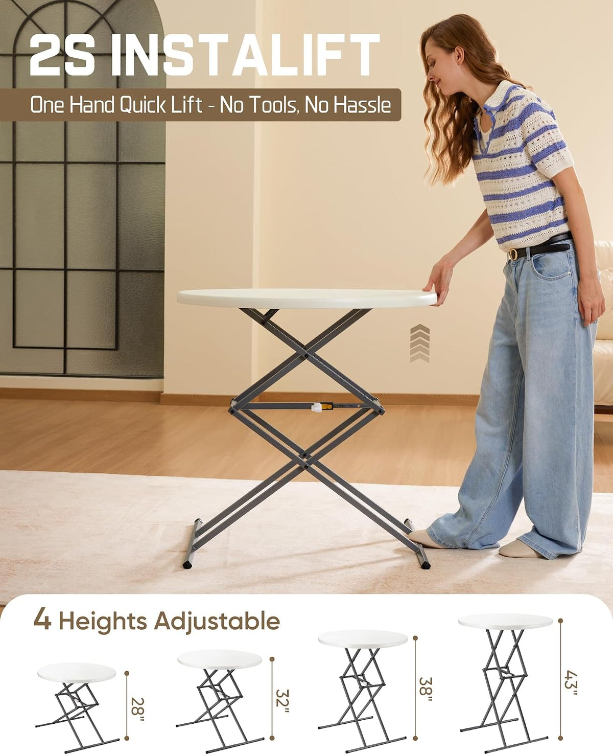 FanttikOutdoor Folding Table Round 32" Quick Adjust 4 Heights Party, Patio