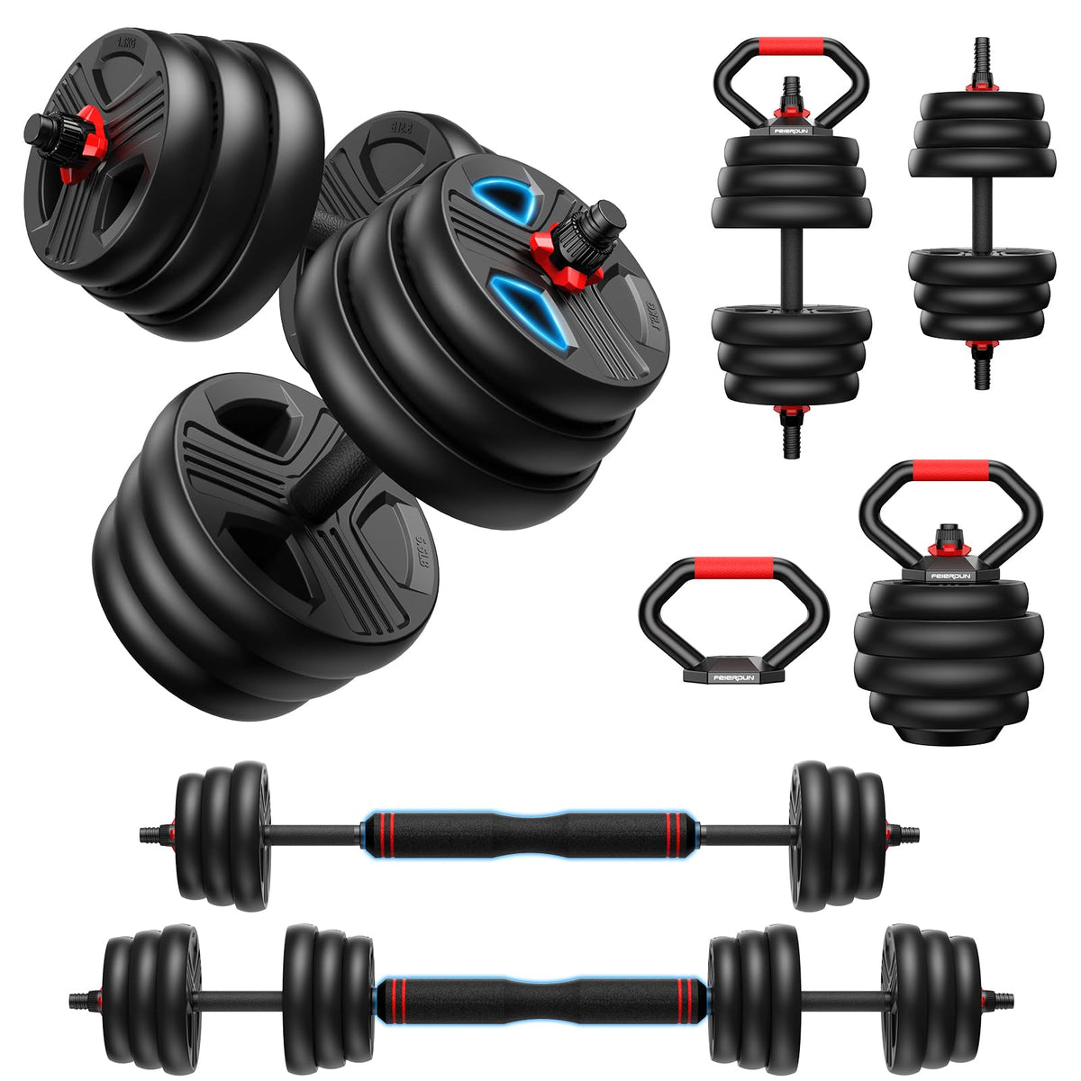 Adjustable dumbbell set,20/35/45/55/70/90lbs Free Weights set with upgraded nut, 5 in 1 Weight Set Used as Kettlebells, Barbell, Push up Stand, Fitness Exercise for Home Gym Suitable Men/Women