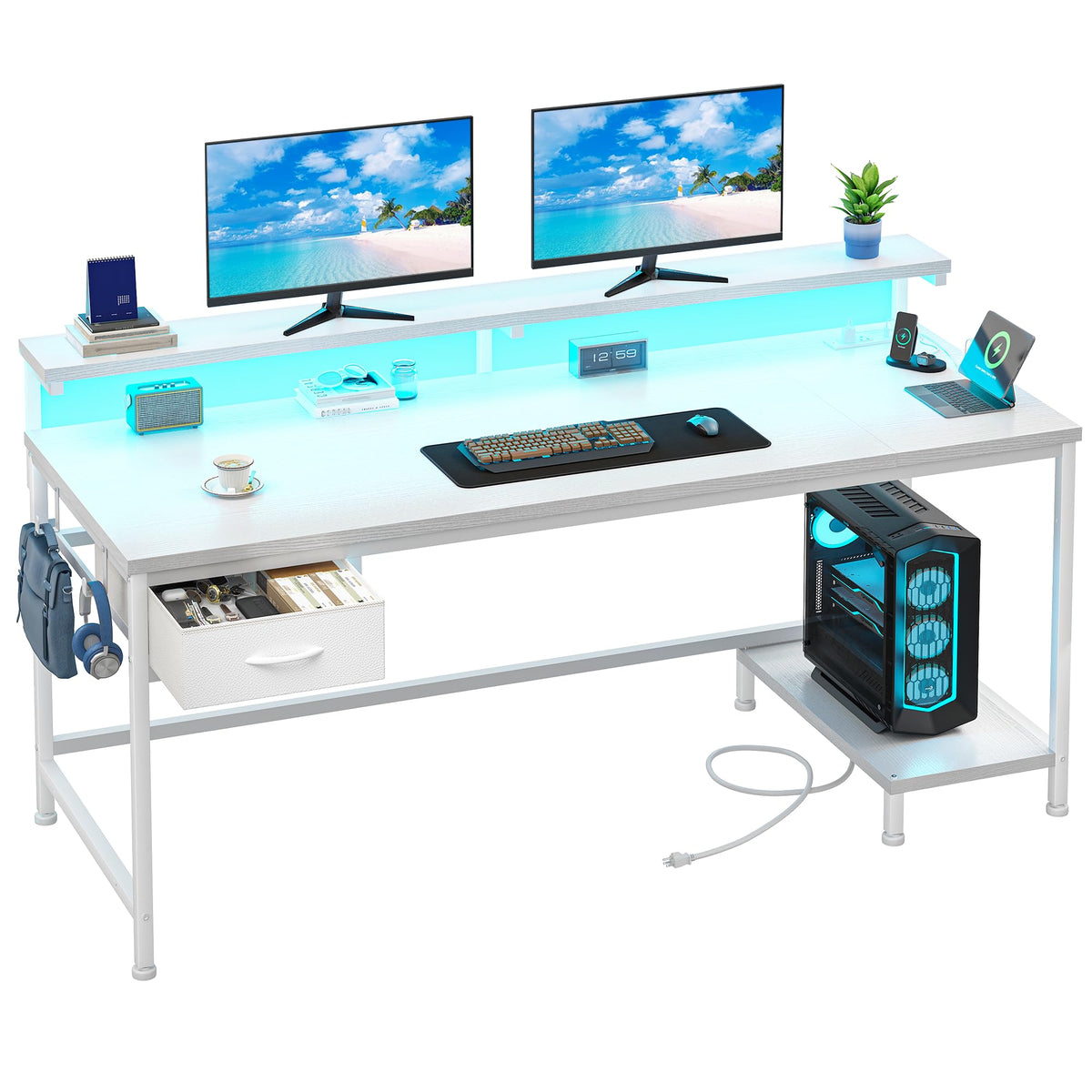 DurayLoly 47.2" Gaming Desk with Power Outlet and LED Lights,Bedroom,Black