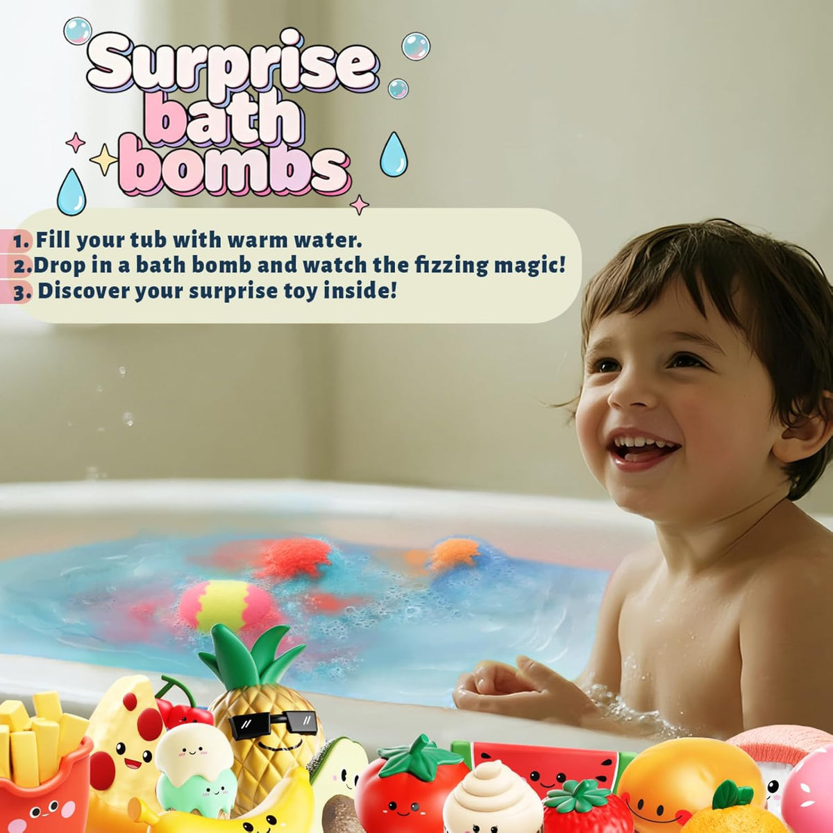 Zippytots Kids Bath Bombs with Food Toys Inside, 16 Pack Colorful Surprise Bath Fizzies Set, Organic Fizzy Bubble Bath Bombs for Girls & Boys, Ages 3+