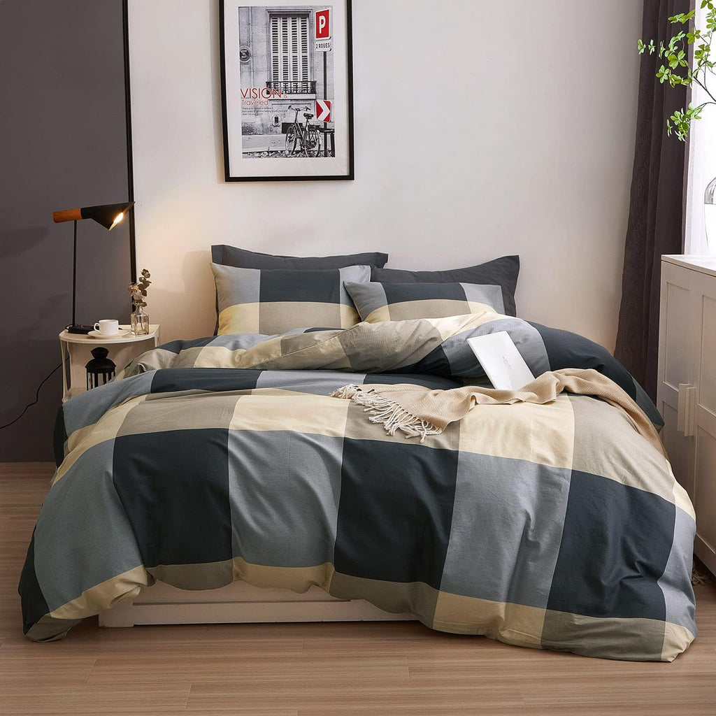 Plaid Duvet Cover Set Washed Cotton,Queen(90"x90"),Multicolor Gingham