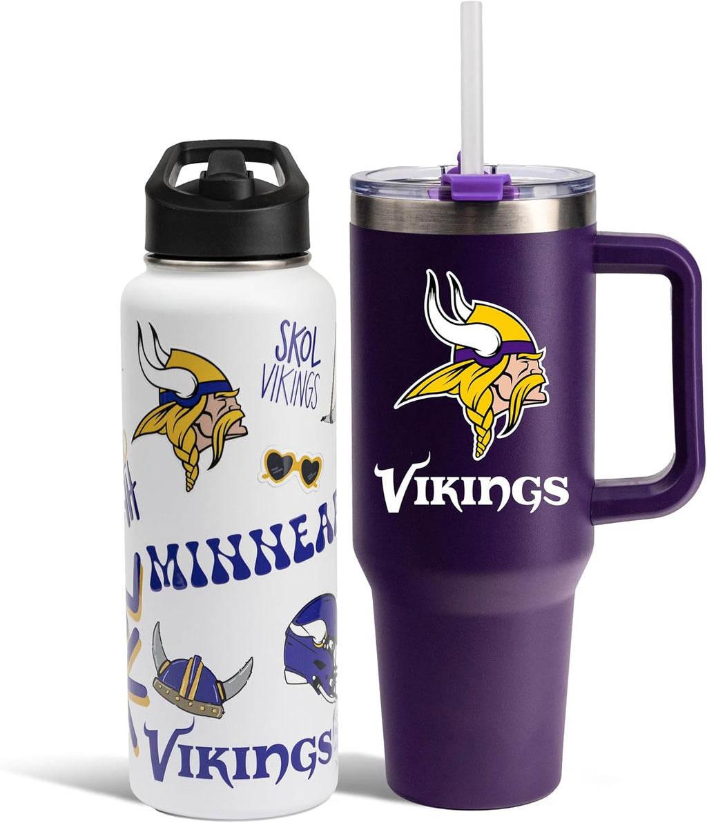 The Memory Company Officially Licensed NFL 2-Pack Stainless Steel Tumbler Set, 34oz Team Spirit Water Bottle & 40oz Game Day Tumbler with Lid and Straw, BPA-Free Materials, Convenient Straw Design