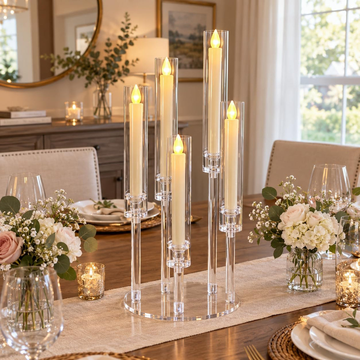 5PCS Acrylic Candelabra for Table Centerpieces,5 Arm Candle Stick Candle Holder Bulk for Wedding Party Birthday Baby Shower Christmas Decor candelabros para centros de mesa Fit 0.8 LED Candle