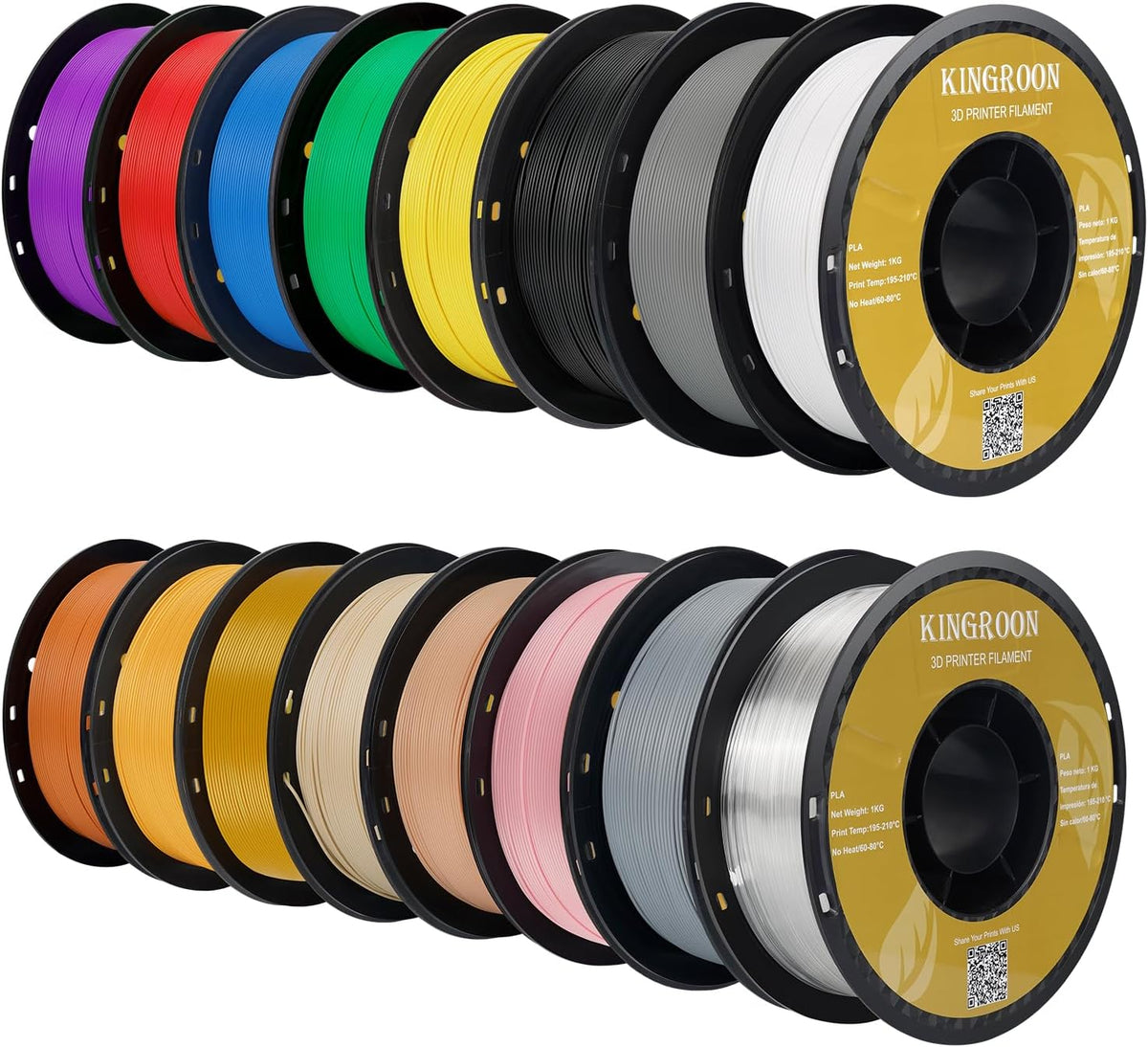 Kingroon 16KG PLA Filament Bundle 1.75mm 3D Printer Filament Multicolor Pla Filament Bulk for Most 3D Printer, Dimensional Accuracy +/- 0.02 mm, 1kg Spool,16 Rolls,16 Colors