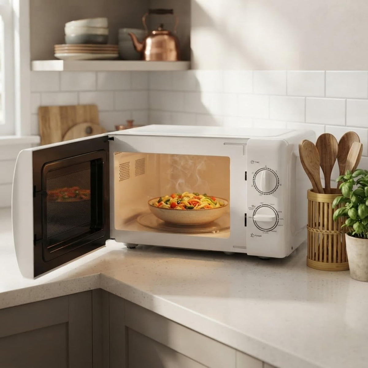IMPECCA Countertop Microwave Oven Retro Mechanical Dials 5 Modes Timer Defrost 0.7 Cu 700W 9.65” Turntable Easy Clean