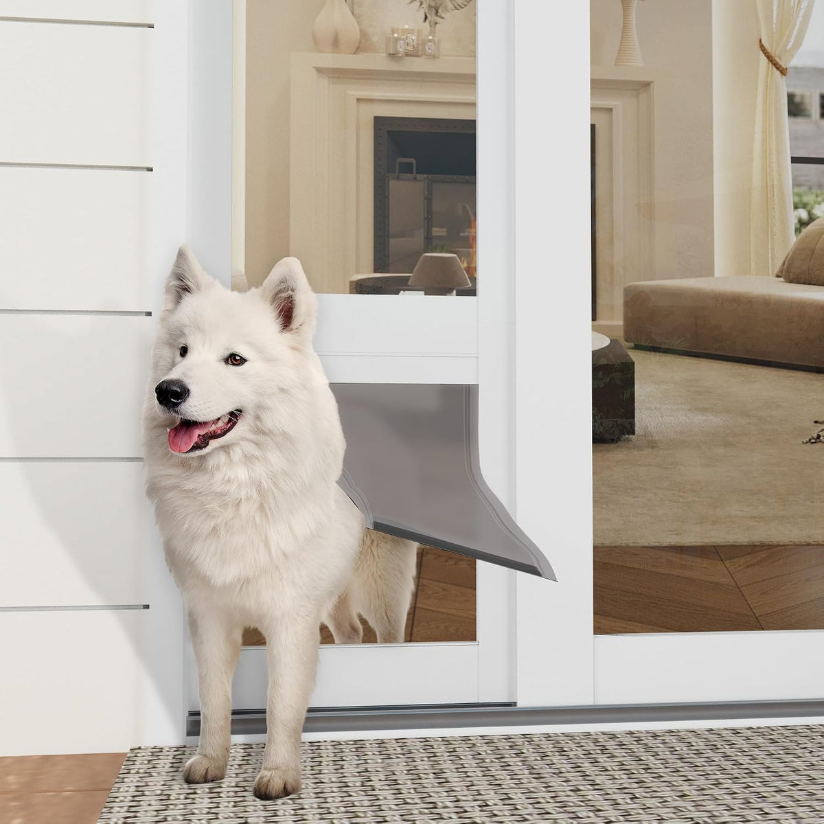 Doggie Door for Sliding Glass Door, 10"x15" Brown Flap for Large Dog, White