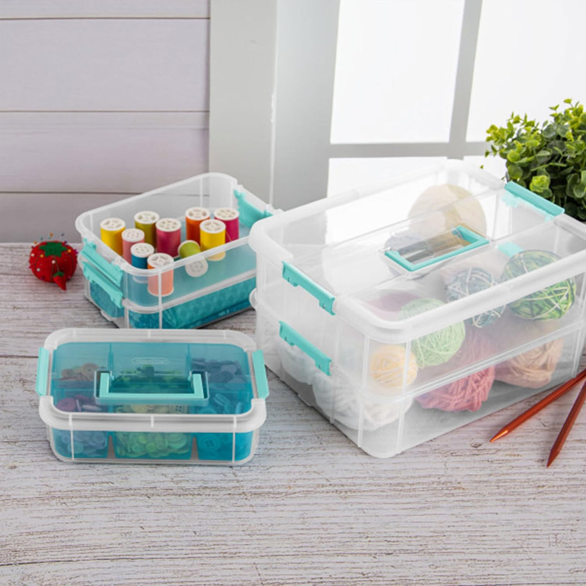 Sterilite Stack & Carry Storage Box, 3 Layer Clear Plastic Tote, 12-Pack